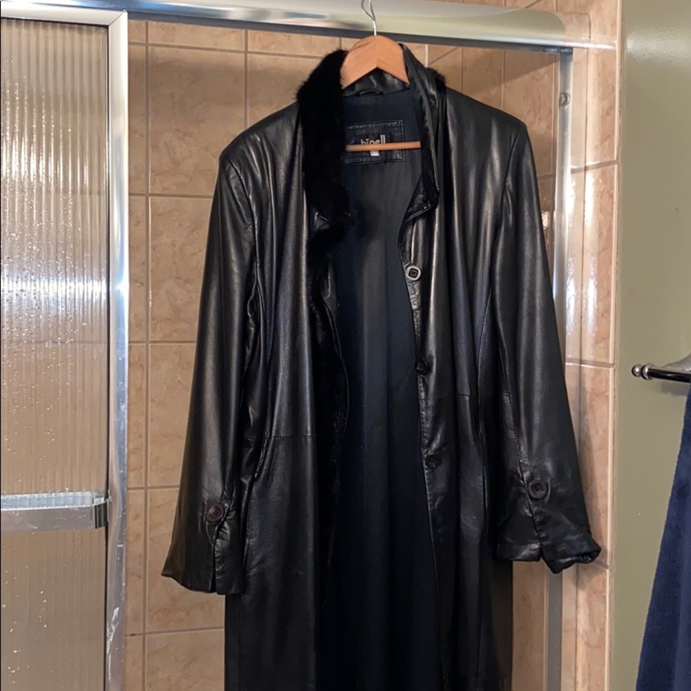 Black real leather trench coat